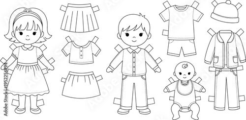  Flat vector illustration of paper dolls with clothing cutouts, boy, girl, baby outfits, educational children activity, crafting play set