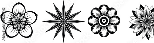 Black floral mandala vector set, decorative geometric flower and star ornaments isolated on white background illustration