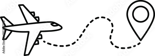 airplane route line with location pin, travel path illustration, flight journey navigation concept, tourism destination route icon isolated