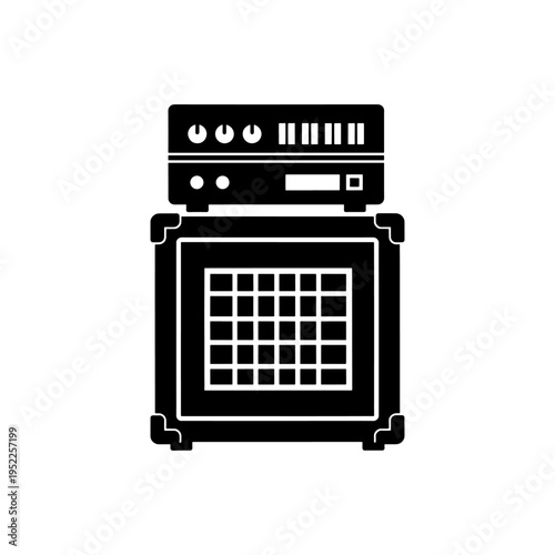 A stark black graphic depicting a vintage guitar amplifier and speaker cabinet silhouette