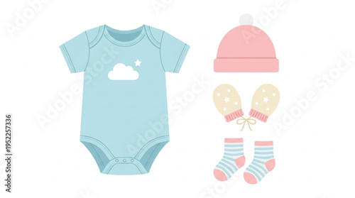 Adorable pastel blue baby bodysuit with cloud graphic paired with a soft pink knit hat cozy striped mittens and matching striped socks presenting a complete charming