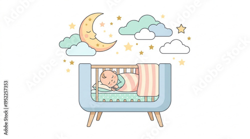 Adorable baby peacefully sleeping in a light blue crib with a soft striped blanket under a whimsical crescent moon fluffy clouds and twinkling stars representing sweet