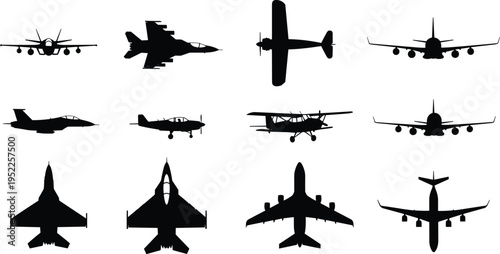 Airplane silhouettes, military jets, commercial aircraft, aviation icons, aircraft lineup, vector planes, transport aviation, jet fighters, propeller planes, black silhouettes