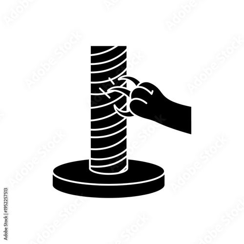 A black silhouette depicts a hand gripping a textured cylindrical scratching post for cats