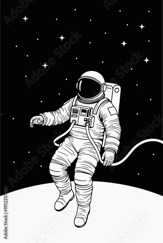 A solitary astronaut, tethered to the infinite blackness of space, gently floats above a celestial body, embodying the profound human quest for discovery and the serene wonder of cosmic exploration