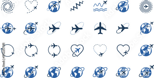 Airplane travel icons, global aviation symbols, flight path graphics, blue vector set for travel, tourism, airline branding