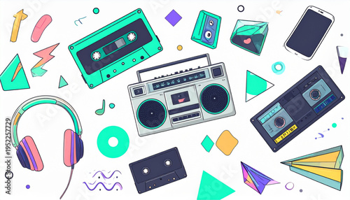 90s Retro Music and Lifestyle Icons – Nostalgic Vector Illustration Set