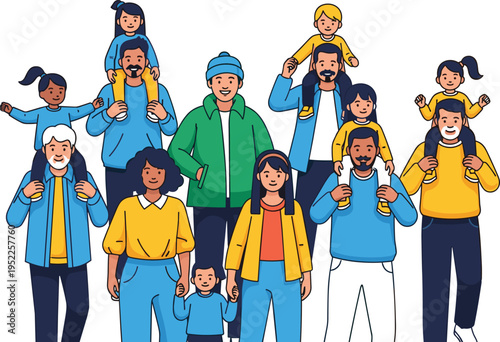  Flat vector illustration, diverse family group, adults and children together, winter clothing design, joyful community gathering artwork, colorful people character template
