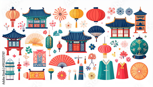 South Korean Culture Symbols – Colorful Traditional Ornamental Vector Illustration