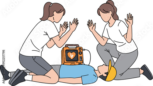 Emergency AED Defibrillator Rescue Scene with First Aid Responders Saving Unconscious Person, Cardiac Arrest Assistance and Lifesaving Medical Training Illustration