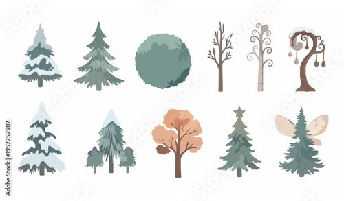 Cute watercolor Nordic trees set for winter, autumn, and fairy-themed designs