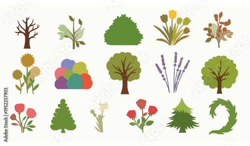 Vibrant spring garden vector pack with playful trees, bushes, and flowers