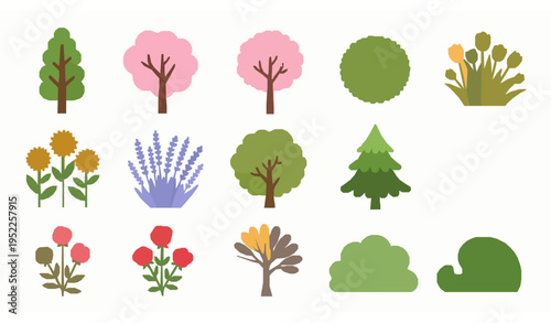 Playful spring garden vector set with trees, bushes, and flowers
