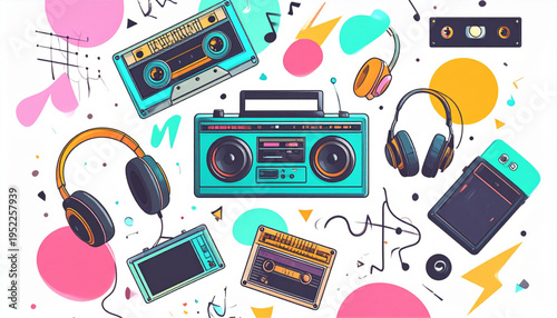 90s Retro Music and Lifestyle Icons – Nostalgic Vector Illustration Set