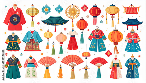 South Korean Culture Symbols – Colorful Traditional Ornamental Vector Illustration