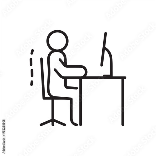 Correctly sitting at the computer, linear icon. Person sits with a straight posture at desk. Correct posture of the spinal column. Line with editable stroke