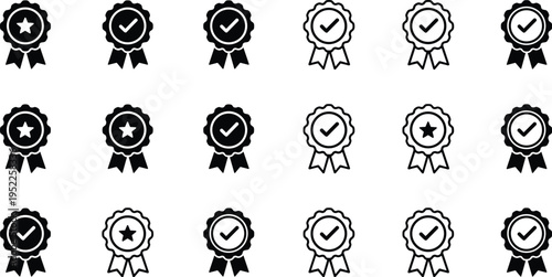 Award icons pattern with certification badges, star and checkmark symbols, vector illustration set, achievement ribbons, quality labels, success insignia design, repetition