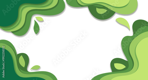 Lush green organic abstract layered background with fluid natural shapes and gentle leaves, creating a fresh eco-friendly frame design for spring and environmental concepts