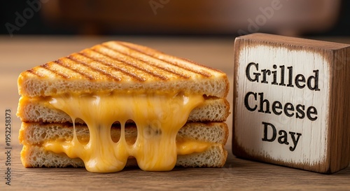 Melted cheese oozing from grilled sandwich on wooden table next to grilled cheese day block