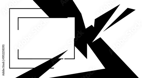 Dynamic abstract monochrome composition featuring a fragmented geometric design with sharp angles and a central framed void, creating a striking visual contrast and sense of energetic disruption