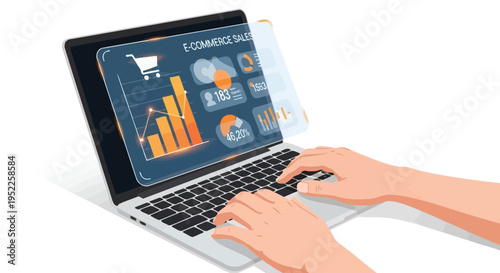 Hands using a laptop displaying e commerce sales data and analytics