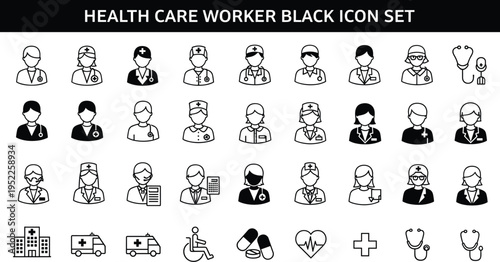 Black healthcare icon set, medical staff symbols, hospital tools, doctor nurse silhouettes, emergency aid, stethoscope, wheelchair, pills