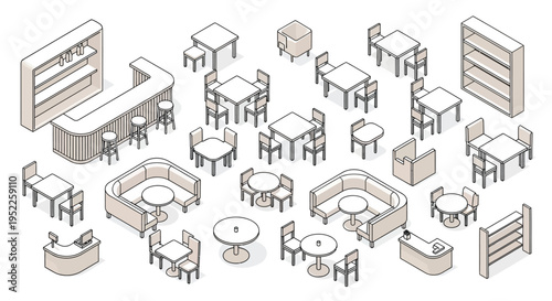 Isometric illustration of a cafe or restaurant interior furniture layout