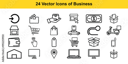 Collection of twenty-four icons representing various aspects of modern business operations