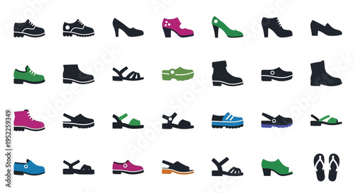 Collection of colorful shoe icons in a flat minimalist style