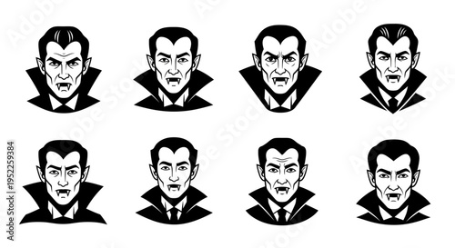 Eight different vampire head illustrations black and white on transparent background silhouette
