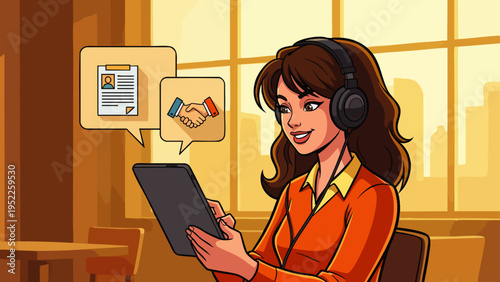 Smiling professional woman wearing headphones and using a tablet for online communication, remote work, or a virtual job interview in a modern office setting, with speech bubbles showing document and