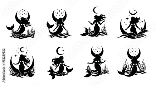 Eight black mermaid silhouettes with moons and stars on transparent background