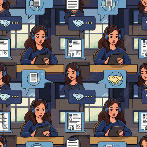 Seamless pattern featuring a female customer service agent with a headset, providing online support, remote assistance, and virtual communication.
