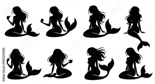 A collection of mermaid silhouettes in various poses on transparent background