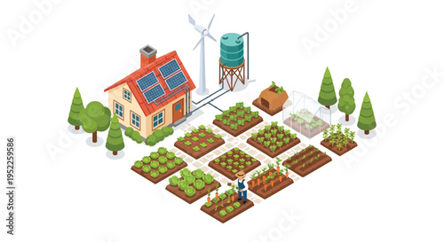 Sustainable isometric illustration of a home with renewable energy sources