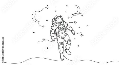 Astronaut floats peacefully in space amongst stars and a crescent moon