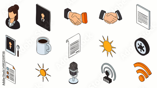 Isometric icons for business, communication, daily life. Woman, handshake, documents, coffee, sun, microphone, Wi-Fi, technology. Modern design elements.