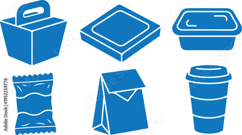 set of blue plastic storage containers and bags isolated on white background