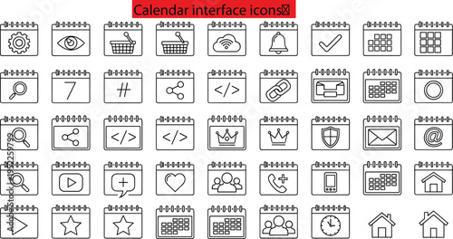 Calendar interface icons set, digital symbols for apps, UI design, web tools, SEO, notifications, settings, communication