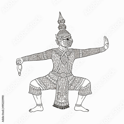 Traditional Thai classical dance character drawing, intricate Hanuman or giant warrior in Ramakien epic costume, black and white line art vector illustration