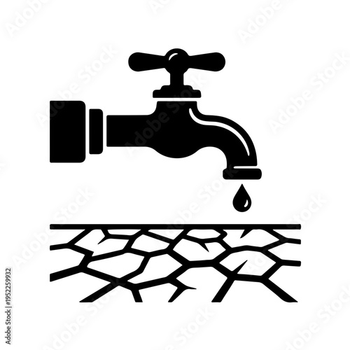 Water scarcity icon, faucet with last drop of water and cracked ground, drought and environment crisis concept, black and white vector illustration
