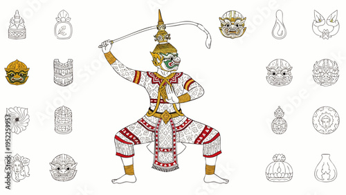 Traditional Thai Ramakien Hanuman vector art. Intricate outline illustrations of classical Thai masks and cultural elements, representing ancient mythology and performance.
