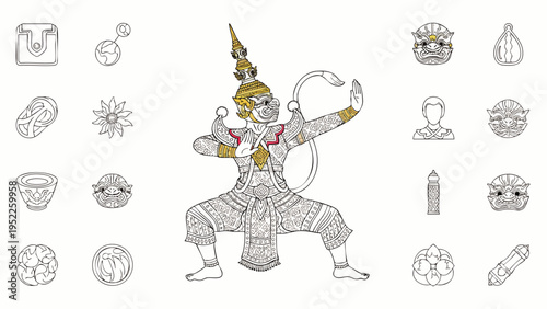 Thai Hanuman outline drawing with intricate patterns and gold accents, a revered mythical figure, surrounded by symbolic cultural icons.