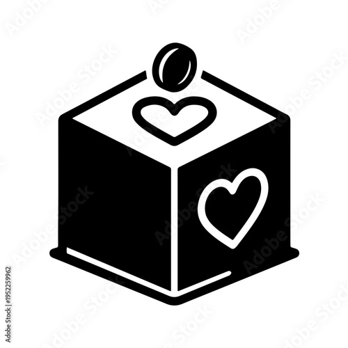 Charity box icon with heart shape slot, donation and love concept, minimalist black and white vector illustration