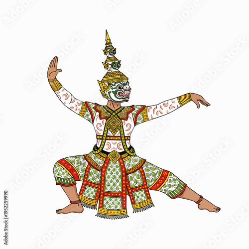 Dynamic illustration of a Thai Khon masked dancer, portraying Hanuman, the white monkey god, in a classic pose, celebrating ancient Siamese cultural heritage.