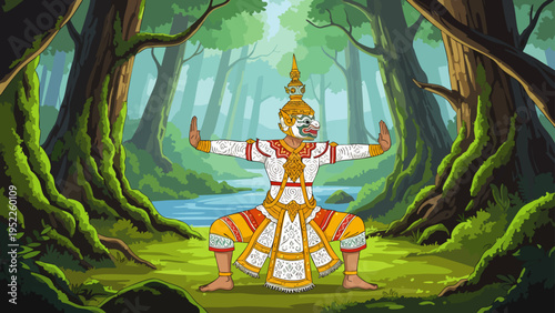 Hanuman Khon Dance in Enchanted Forest - Traditional Thai Ramayana Epic Character Performing Ancient Cultural Art Illustration