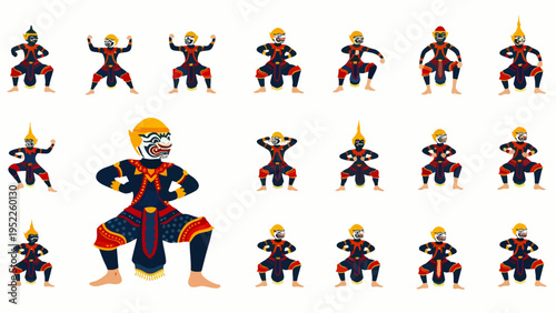 Traditional Cambodian Khon Dance Characters Vector Set, Featuring Hanuman and Ramakien Figures in Various Poses, Illustrating Southeast Asian Cultural Heritage.