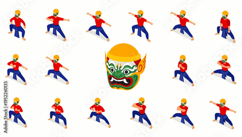 Traditional Southeast Asian masked dance performance featuring multiple figures in dynamic poses surrounding an iconic giant mask, cultural art.