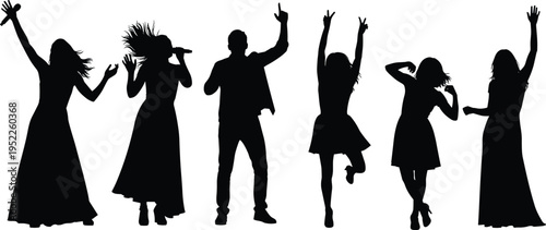 Dancing people silhouettes, party celebration, happy crowd, music festival, concert energy, jumping dancers, night club, fun lifestyle, black shadow, entertainment, group, motion