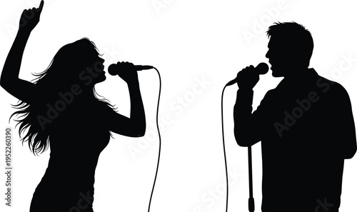 Duet singers silhouette, male and female vocalist, microphone performance, live music, concert scene, singing couple, stage show, black shadow, artistic, studio, concept